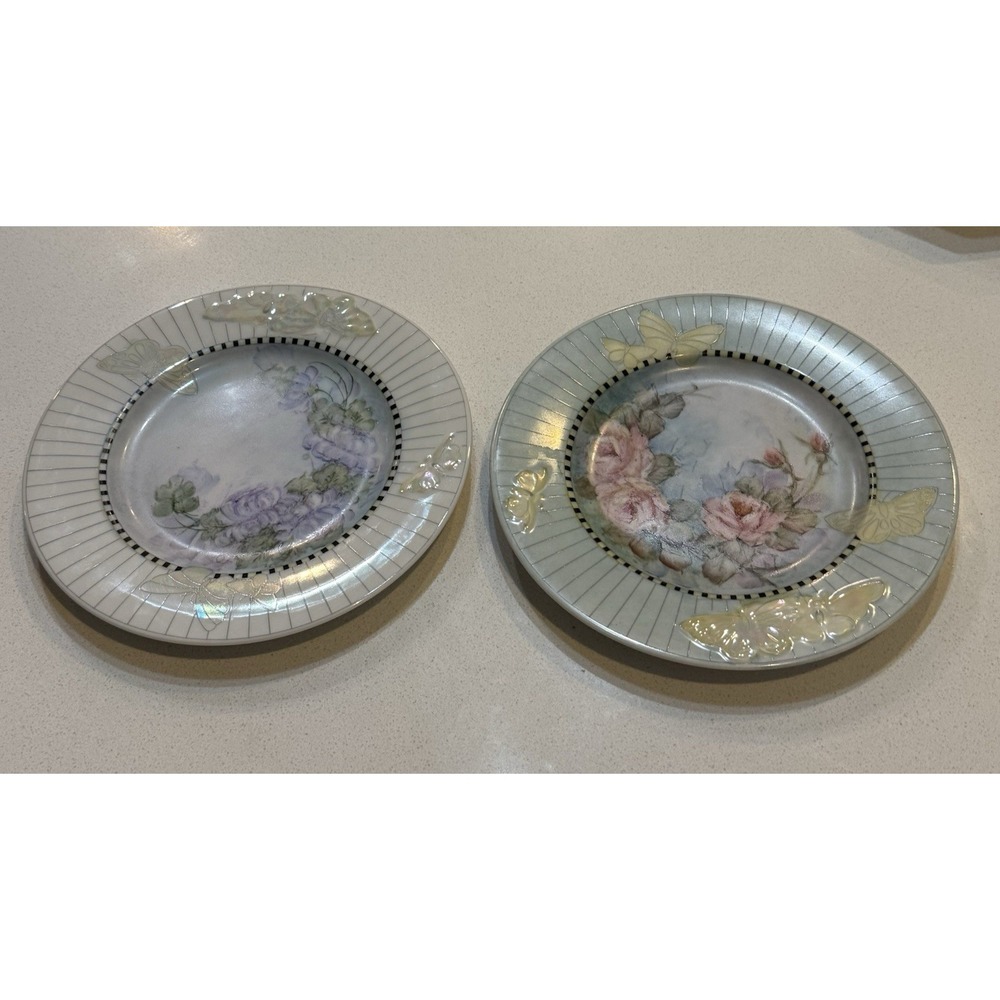 Vtg Linea Custom Painted Plates Porcelain Floral Butterflies Set‎ Of Two 7.75"